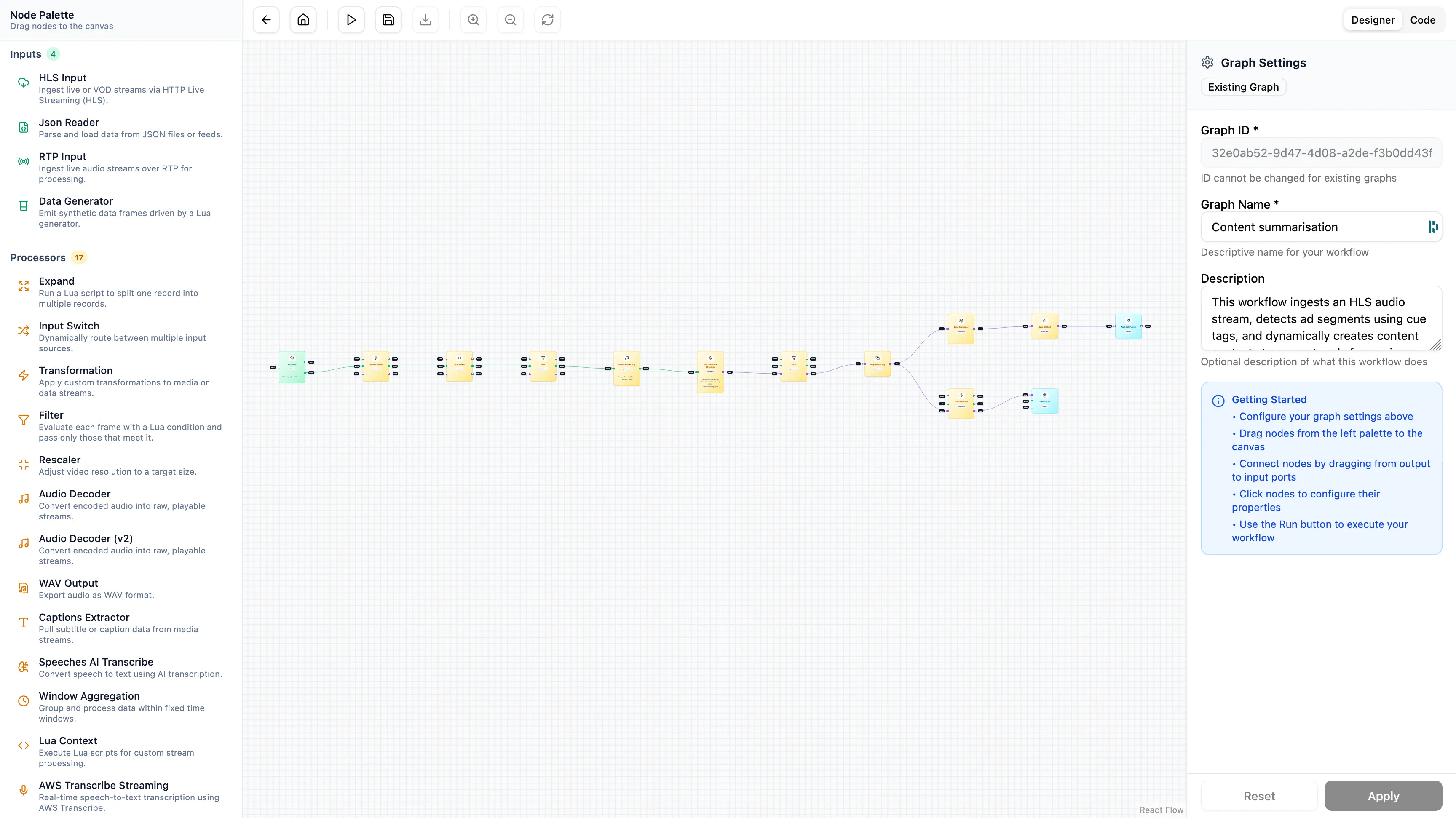 Fifth Layer Workflow Builder showing HLS to OpenAI pipeline